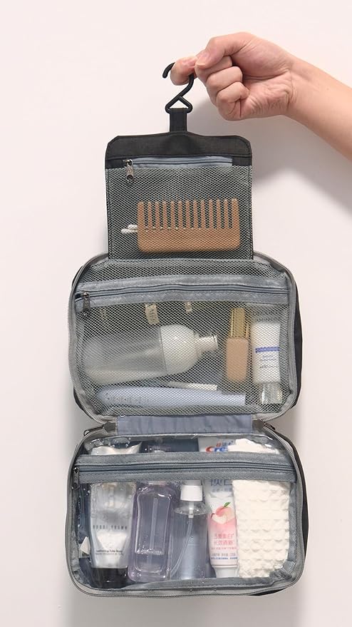 Toiletry Bag with Hanging Hook for Men Women, Travel Toiletries Cosmetic Bag Foldable Storage Bag for Brushes Set Waterproof for Bathroom Shower Small Size Kit Shaving Bag Make up Bag-Black