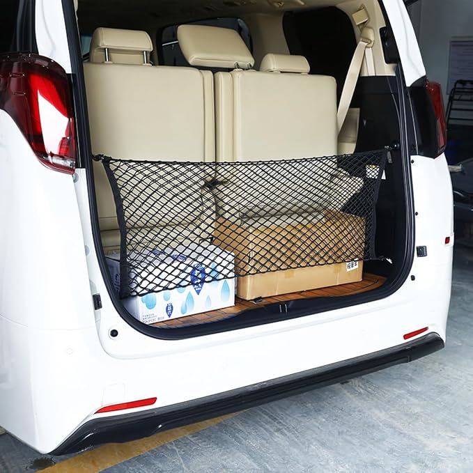 Osilly Car Rear Cargo Net, Double-Layer Adjustable Stretchable Elastic Storage Organizer Net, Trunk Cargo Storage Mesh Net with Hooks, Car Interior Accessories Fit for Vehicle, Trucks, SUV (Small)
