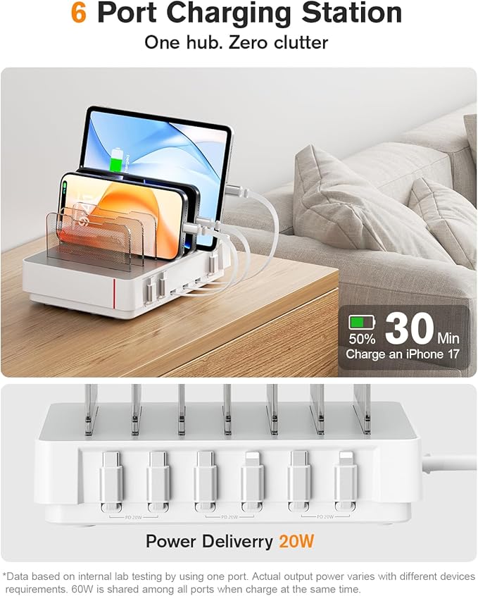 SooPii HomeHub H1 Charging Station for multiple devices,Upgraded 6-Port Desktop Fast Charger with 6 Retractable Cablesï¼?*C+2*iPï¼?60W PD charger station for iPhone/Tablet,Tangle-Free Charging Organizer