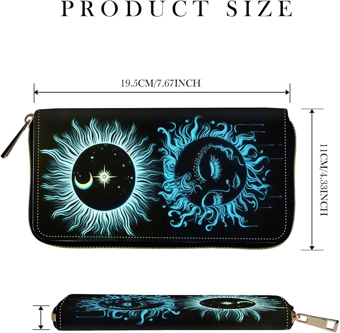 RFID-Blocking Zip Around Wallets for Women with Detachable Wrist Strap,Large Capacity Phone Holder with Card Organizer & Coin Pocket,Sun Moon