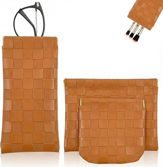 3Pcs Small Makeup Bag for Purse, Waterproof Portable Checkered Leather Makeup Pouch, Small Purse Pouches for Purse Small Coin Purse Organizer Pouches Snap Closure Pocket Cosmetic Bag for Women (Brown)
