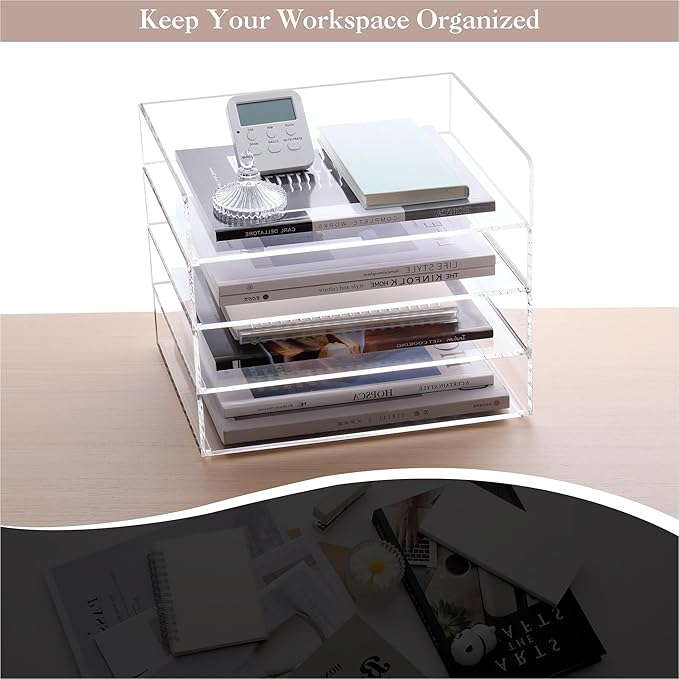HeZone 4 Tier Paper Organizer for Desk,Acrylic Paper Tray,Clear Stackable Desk Organizer for Document, Office File,A4 Paper