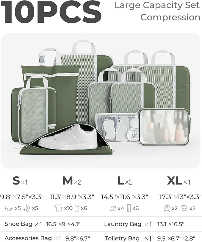 Percover Compression Packing Cubes 10-Piece Set, Packing Cubes Compression for Travel with Toiletry Bag, Laundry Bag & Shoe Bag, All-in-One Travel Organizer for Carry On & Checked Luggage, Green