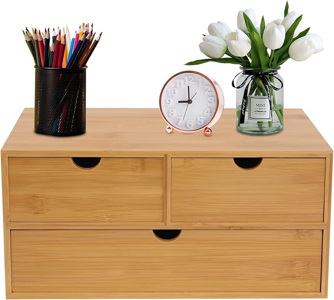 Gdrasuya10 Bamboo Desk Organizer, Drawer Tabletop Storage Organization Box for Office Home Toiletries Supplies, No Assembly Required