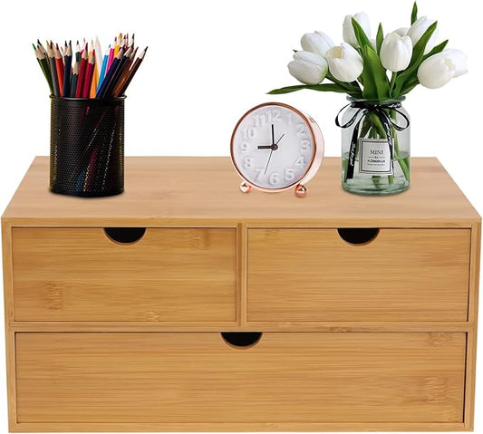 Gdrasuya10 Bamboo Desk Organizer, Drawer Tabletop Storage Organization Box for Office Home Toiletries Supplies, No Assembly Required