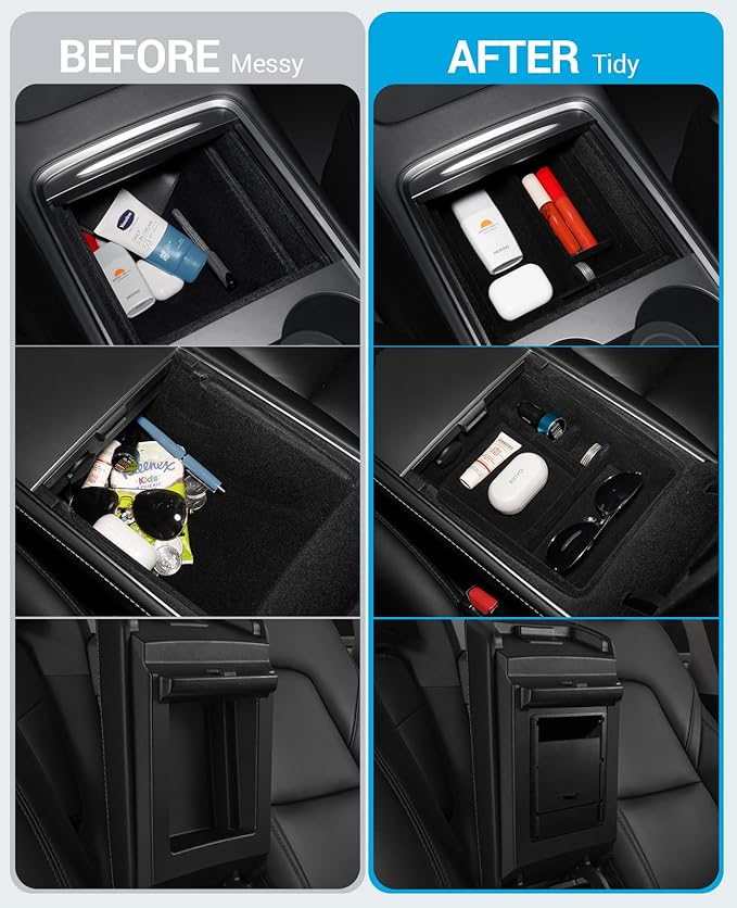 Motrobe 3PCS Tesla Model Y Model 3 Center Console Organizer Tray [Anti-Rattle Flocked] Armrest Hidden Storage Box Model Y 2021-2024 Model 3 2021-2023 Accessories [Not Fit 2024 Model 3 Highland]