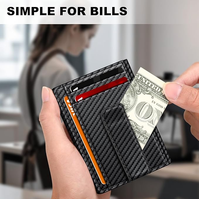Wallet for Men 14-16 Cards, Men's Leather Wallet, Minimalist Thin Card Holder RFID Blocking Money Clip with Simplified Bill Folder & Magnetic Closure, Gifts for Men, Carbon Fiber