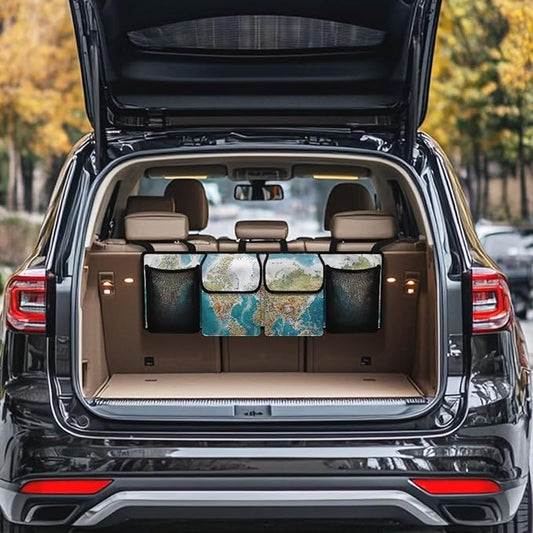 World Map Design Car Trunk Organizer,Backseat Hanging Large Storage with Adjustable Straps,Collapsible Cargo Bag,Car Interior Accessories Not Easy to Fade Machine Washable