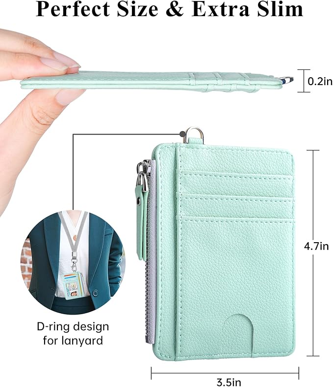 Teskyer Slim Card Holder Wallet with Zip Pocket, RFID Blocking, Total 9 Compartments Large Capacity, 3.5" x 4.7" (Slight Larger Than Usual), Faux Leather - Light Green