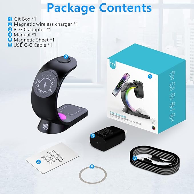 3 in 1 Wireless Charging Station, [6-Color RGB Light] 15W Fast Magnetic Wireless Charger Stand for Multiple Devices Apple, for iPhone 17/Air/16/15 Pro Max, for iWatch 2 to 9