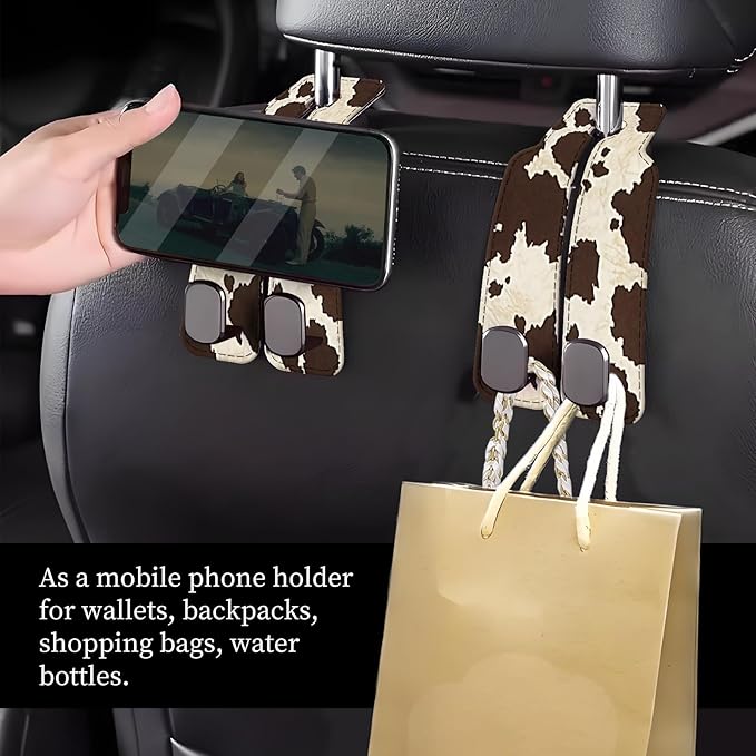 Car Seat Headrest Hook, Universal Leather Cute Hanger Holder Hook, Storage Organizer Interior Accessories for Purse Bags Handbag Retro Cowhide