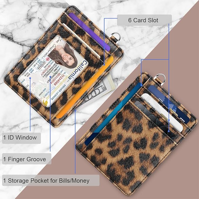 Coco Rossi Slim Front Pocket Wallet Minimalist RFID ID Card Holder Cute Small Wallets with Wrist Lanyards Key Chain Holder for Women, Brown Leopard