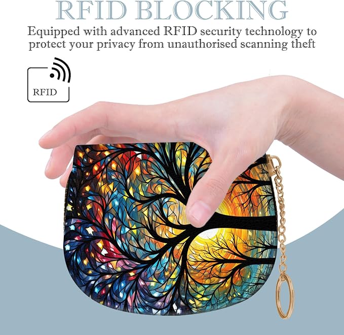 Women's Slim RFID Wallet – Compact Leather Card Holder Wallet for Women, 9 Card Slots RFID Blocking Credit Card Organizer, Small Travel Wallet - Colorful Trees