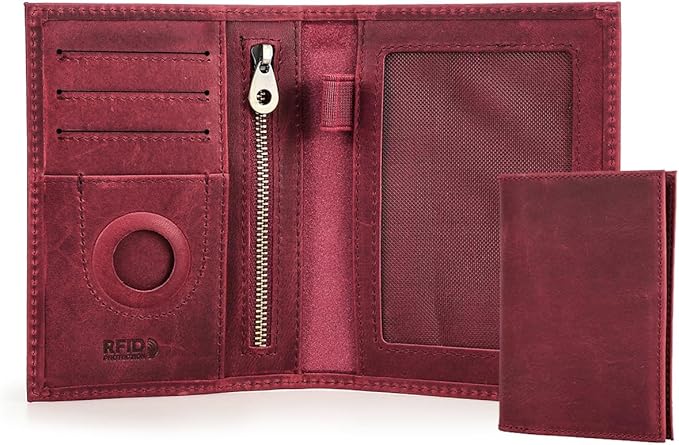 CONTACTS Full Grain Leather Passport Holder RFID Blocking Travel Passport Wallet Compatible with Airtag Passport Cover Case with 4 Cards Slots, Coin Pocket (Wine Red)