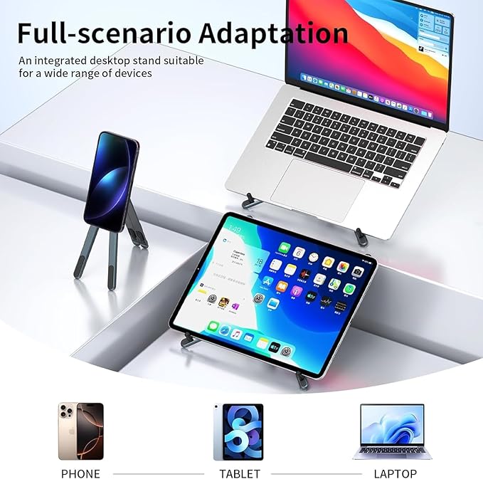 Laptop Stand for Desk, Foldable Aluminum Alloy Magnetic Computer Riser, Ergonomic 8-Level Adjustable Height Travel Laptop Holder,Multi-Functional Stand for 10–16"Laptop,4–13" Tablet and Phone