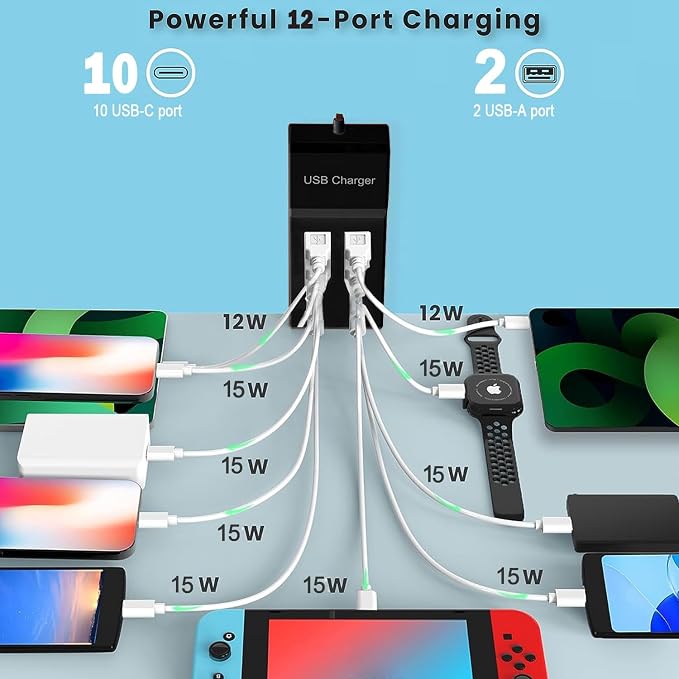 Multiple USB C Charger, 12 Ports USB Charging Station, 60W MultiPort Charger[10 USB-C+2 USB-A], USB Wall Charger, Desktop USB Charger for iPhone/iPad/Samsung/Google Pixel/Watch/Headphones(Black)