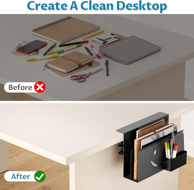 Onemake 2 Tier Desk Side Storage, Funny Smile Clamp on Desk Shelf with Magnetic Pen Holder, Hanging Desk Organizer for Home Office, Fits Flat Edge Tables 0.4" to 2.3"