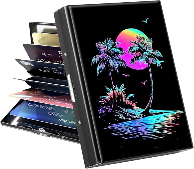 Metal Wallet for Women Men Girls, RFID Blocking Slim Aluminum Credit Card Holder, Mini Travel Wallet with Hard Shell, Lightweight ID & Business Card Case,Art Palms Tropical Beach