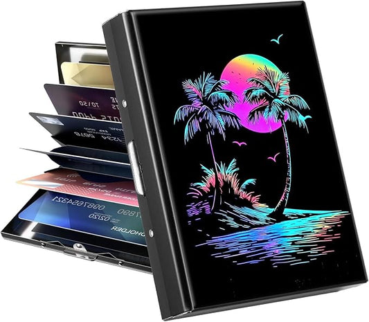 Metal Wallet for Women Men Girls, RFID Blocking Slim Aluminum Credit Card Holder, Mini Travel Wallet with Hard Shell, Lightweight ID & Business Card Case,Art Palms Tropical Beach