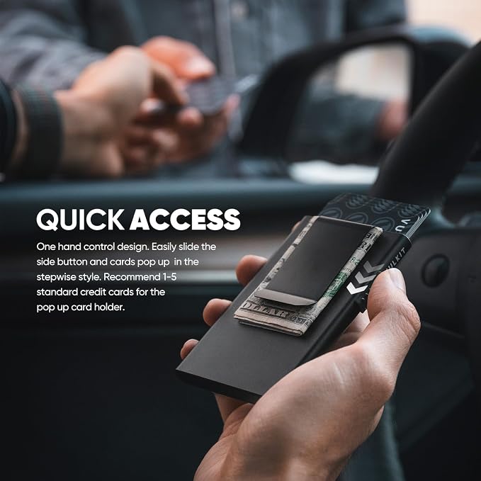 VULKIT Minimalist Wallet with Money Clip RFID Protection Pop Up Card Holder Slim Wallet Credit Card Holder Metal Wallet, Matte Black