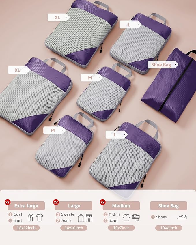 Meowoo 7 Set Compression Packing Cubes for Travel, Durable Ripstop Mesh Suitcase Organizer with Shoe Bag, Ultralight & Expandable Space Saver Travel Cubes