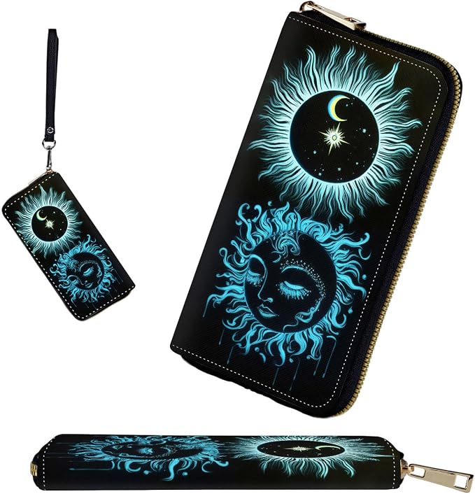RFID-Blocking Zip Around Wallets for Women with Detachable Wrist Strap,Large Capacity Phone Holder with Card Organizer & Coin Pocket,Sun Moon