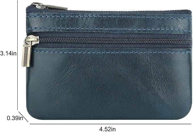 Genuine Leather Coin Purse, Small Coin Pouch for Men Women, Cash Change Wallet Key Holder Money Pouch with Key Ring, Zipper Storage Bag Coin Organizer (Blue)