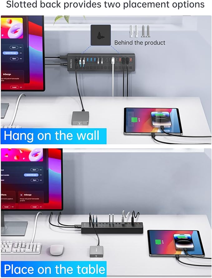Powered USB 3.0 Hub, ACASIS 16 Port USB Hub Powered(Include 2*USB C 3.0+4 Smart Charging Port) with 60W Power Adapter, Support Wall Mount, USB Hub for PC Laptop, Mac, Printer, Camera