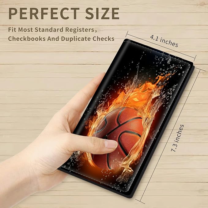 Checkbook Cover for Women & Men PU Leather Check books Covers for Personal Check Book Credit Card Holder Holder Wallet with RFID Blocking for Duplicate Checks,Water Fire Basketball