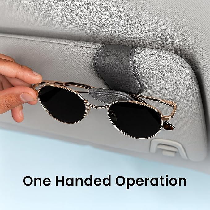 Sunglass Holder for Car Visor Clip Pack 2 - Magnetic Leather Sunglasses Holder- Eyeglass Organizer for Car - Visor Sunglasses Bracket Clip (Gray)