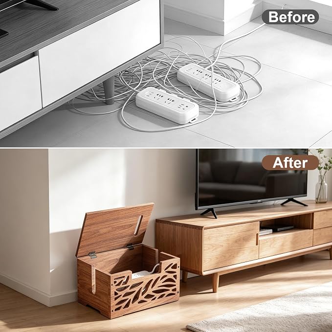 Wooden Cable Management Box, Large Cord Hider Box & Cable Organizer Box for Power Strips, Electrical Cords, Desk & Floor Cables Suitable for Home & Office
