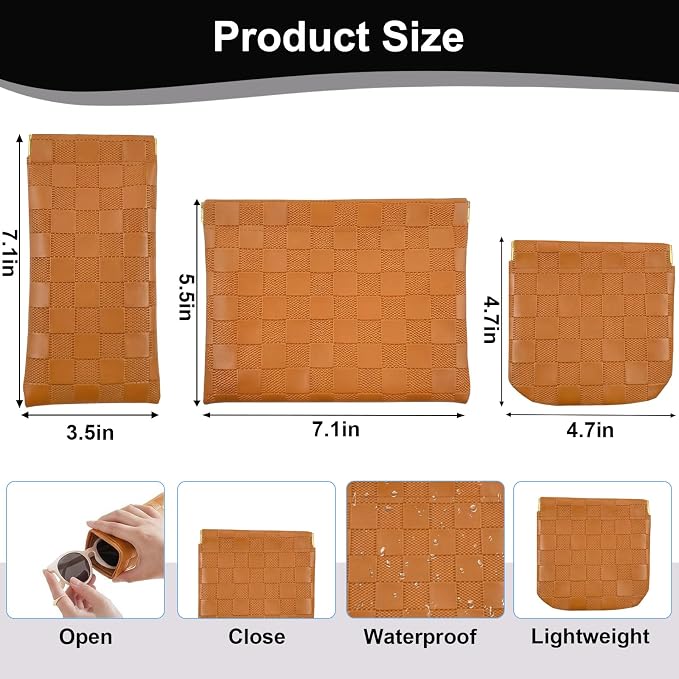 3Pcs Small Makeup Bag for Purse, Waterproof Portable Checkered Leather Makeup Pouch, Small Purse Pouches for Purse Small Coin Purse Organizer Pouches Snap Closure Pocket Cosmetic Bag for Women (Brown)