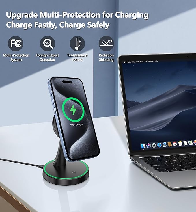 2 Pack Magnetic Wireless Charger Stand 15W Fast Mag-Safe Charger for iPhone iPhone 17 /17 pro/ 17 Air/ 17 pro max 16/15/14/13/12 Series Magnet Wireless Charging Station with Light for AirPods