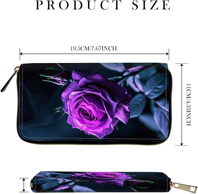 RFID-Blocking Zip Around Wallets for Women with Detachable Wrist Strap,Large Capacity Phone Holder with Card Organizer & Coin Pocket,Purple Flower Rose