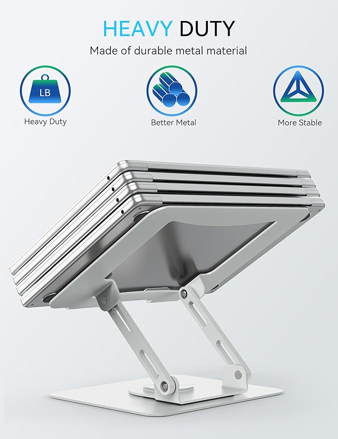 SOUNDANCE 360 Rotating Laptop Stand, Ergonomic Computer Riser for Desk, Adjustable Height Multi-Angle Metal Holder, Foldable Portable Notebook Elevating Base for Office & Home, White