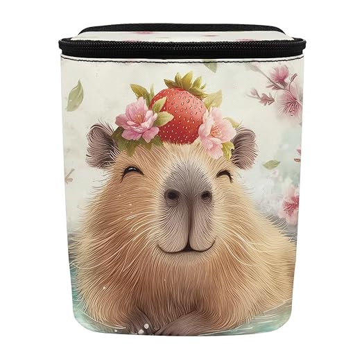 Biyejit Capybara Flowers Cute Car Trash Can with Lid – Multipurpose Collapsible Trash Bin for Car, Leak-Proof Organizer, Waterproof Garbage Can with Storage Pockets & Adjustable Straps