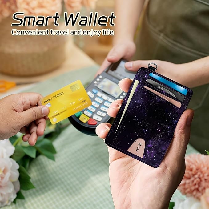Small Travel Wallets, Purple Galaxy Slim Minimalist Front Pocket Wallet with Wristlet, RFID Blocking PU Leather Credit Card Holder with ID Window Change Purse for Men Women