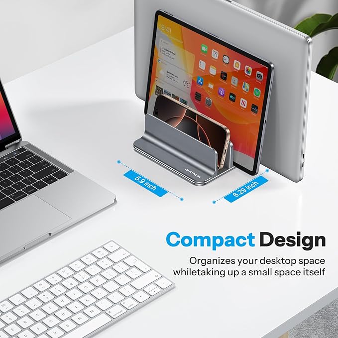 OMOTON Vertical Laptop Stand [Updated 3-Solts Version], Desktop Aluminum Mac Book Stand with Adjustable Dock Size, Fits All Mac Book, Surface, Chrome Book and Gaming Laptops (Up to 17.3 inch), Grey