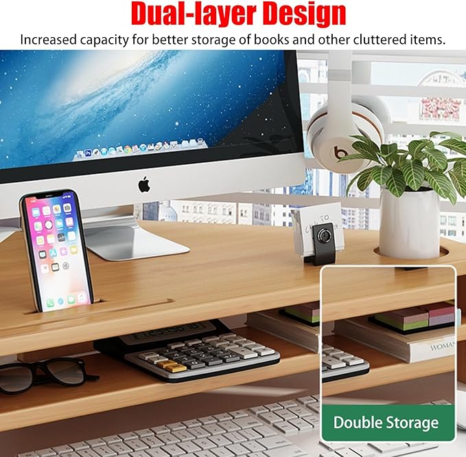 YANBI Corner Monitor Stand Office Triangle Tabletop Monitor Riser, Double-Layer Wood Corner Monitor Stand Screen Holder, Universal Computer Stand Riser with Storage (Color : Brown)