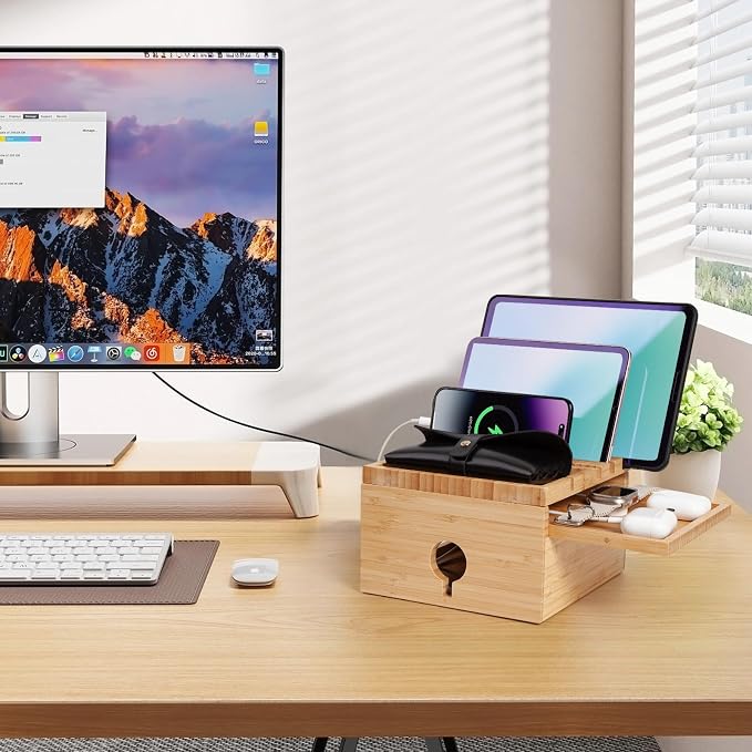 Bamboo Charging Station Organizer, No USB Charger and Cables | Nightstand Docking Station with Small Tray, Desktop Wood Charger Organizer, Compatible with Cell Phone, Tablet, Earphones