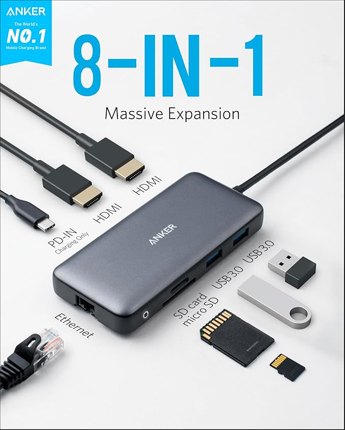 Anker Laptop Docking Station Dual Monitor, 8-in-1 USB C Hub, 4K Dual Monitor with 2 HDMI, 1 Gbps Ethernet Hub, 85W Power Delivery, SD Card Reader, for XPS and More (Charger not Included)