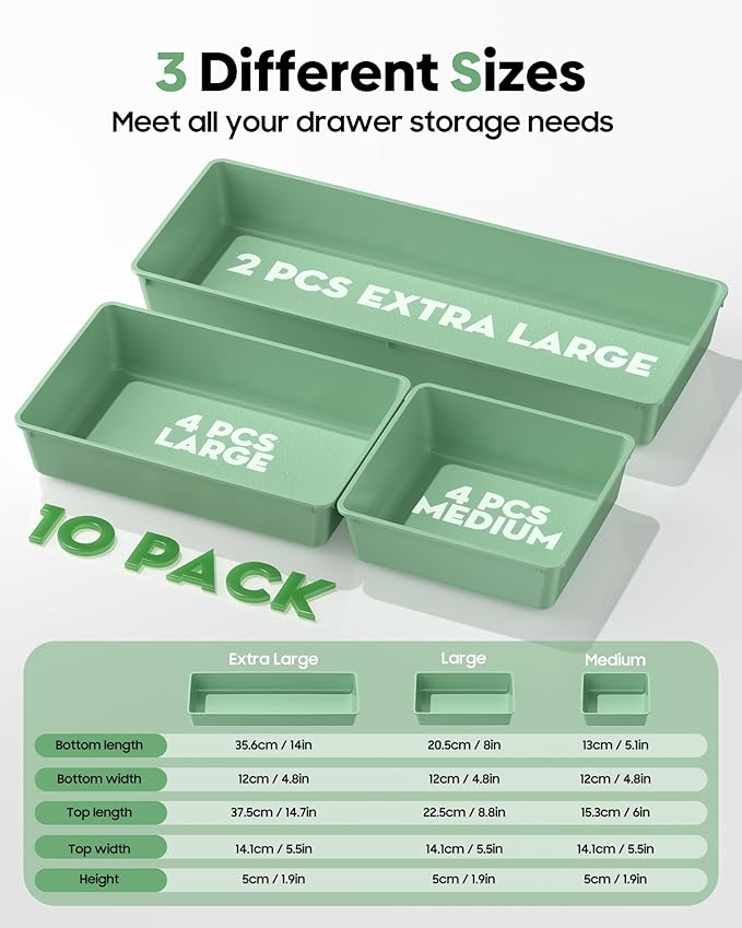 10 Pack Large Size Plastic Drawer Organizers Set, 3 Sizes Desk Drawer Organizer Trays, Storage Bins for Vanity, Makeup, Bathroom, Kitchen Utensils and Office (Green)