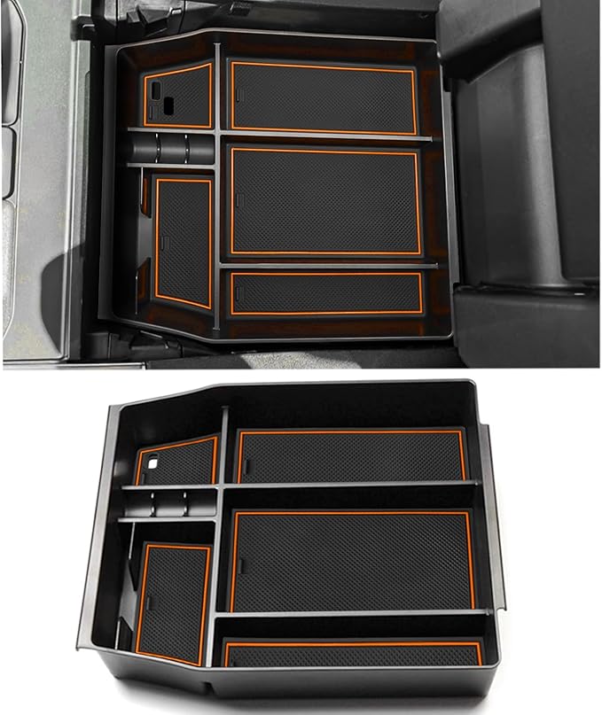 Center Console Organizer Tray for Ford F150 2021 2022 2023 2024 Accessories Interior Secondary Storage Armrest Box Insert Hidden Cubby Drawer (Full Console w/Bucket Seats ONLY) (Orange Trim)