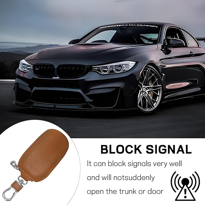 Car Key Case - Genuine Leather Auto Fob Protector, Universal Cover With Metal Hook, Smart Keychain Holder for Remote, Vehicle Keyring Zipper Bag (Brown)