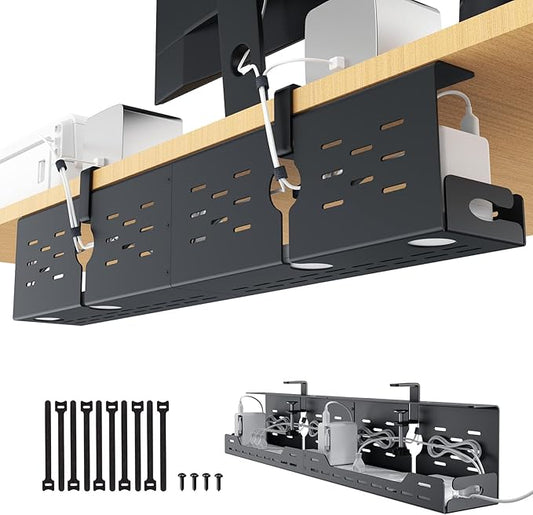 Univivi Under Desk Cable Management Tray - 32" Steel Cord Organizer, No-Drill C-Clamp & Screw Mount for Office/Home, Effortless Wire Management (Black)