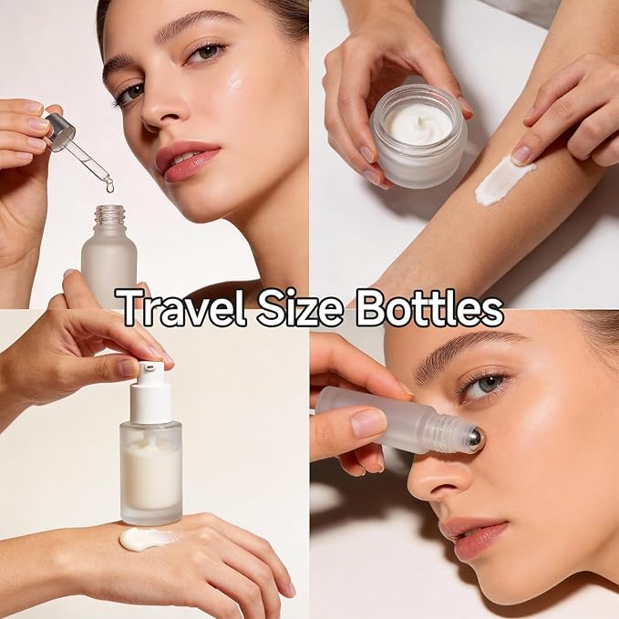 18 pcs Glass Travel Bottles for Toiletries, TSA Approved Glass Travel Containers White Frosted Mini Travel Bottles with Label, BPA Free Leak Proof with Pump Bottles for Makeup, Skincare