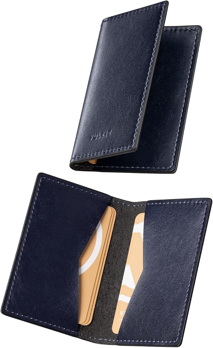 VULKIT Leather Business Card Holder 2 Sided Slim Business Name Card Organizer for Men or Women, Up to hold 20 cards (Vintage Navy)