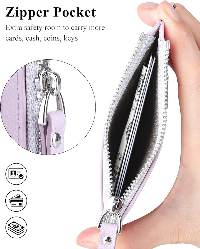 Teskyer Slim Card Holder Wallet with Zip Pocket, RFID Blocking, Total 9 Compartments Large Capacity, 3.5" x 4.7" (Slight Larger Than Usual), Faux Leather - Lilac