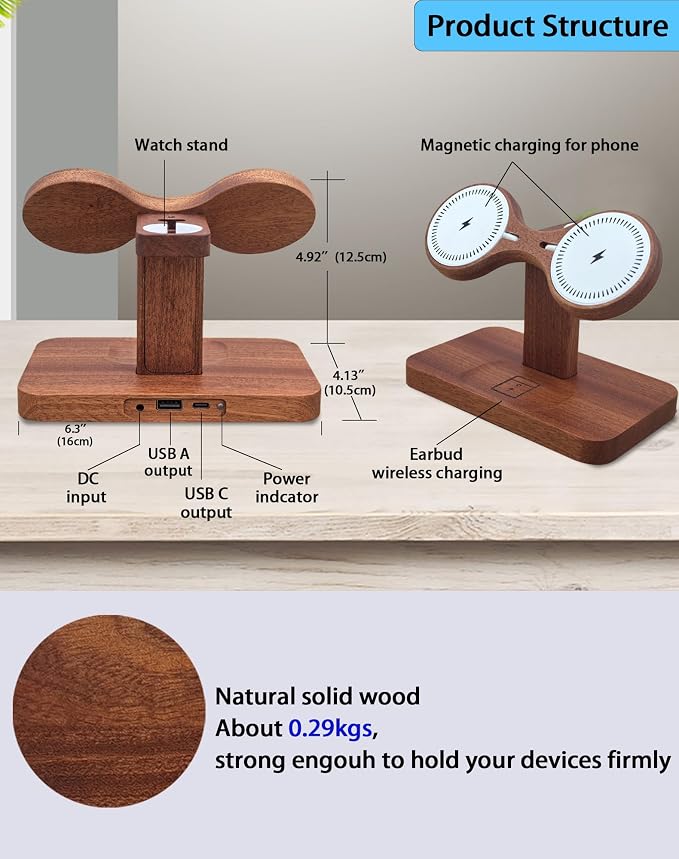Magnetic Dual Wireless Charger for Apple Multiple Devices,Two Phone Charging Station for iPhone 17/16/15/14/13,AirPods & Apple Watch,Wood Charger Stand Desk Organizer,Gift for Men Dad Boyfriend