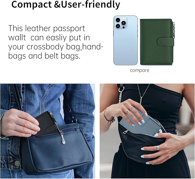 Passport wallet and Card Slot Combo RFID Blocking Slim Leather Travel Passport Wallet for Men and Women with Zippered Coins Pocket Passport holder, Green
